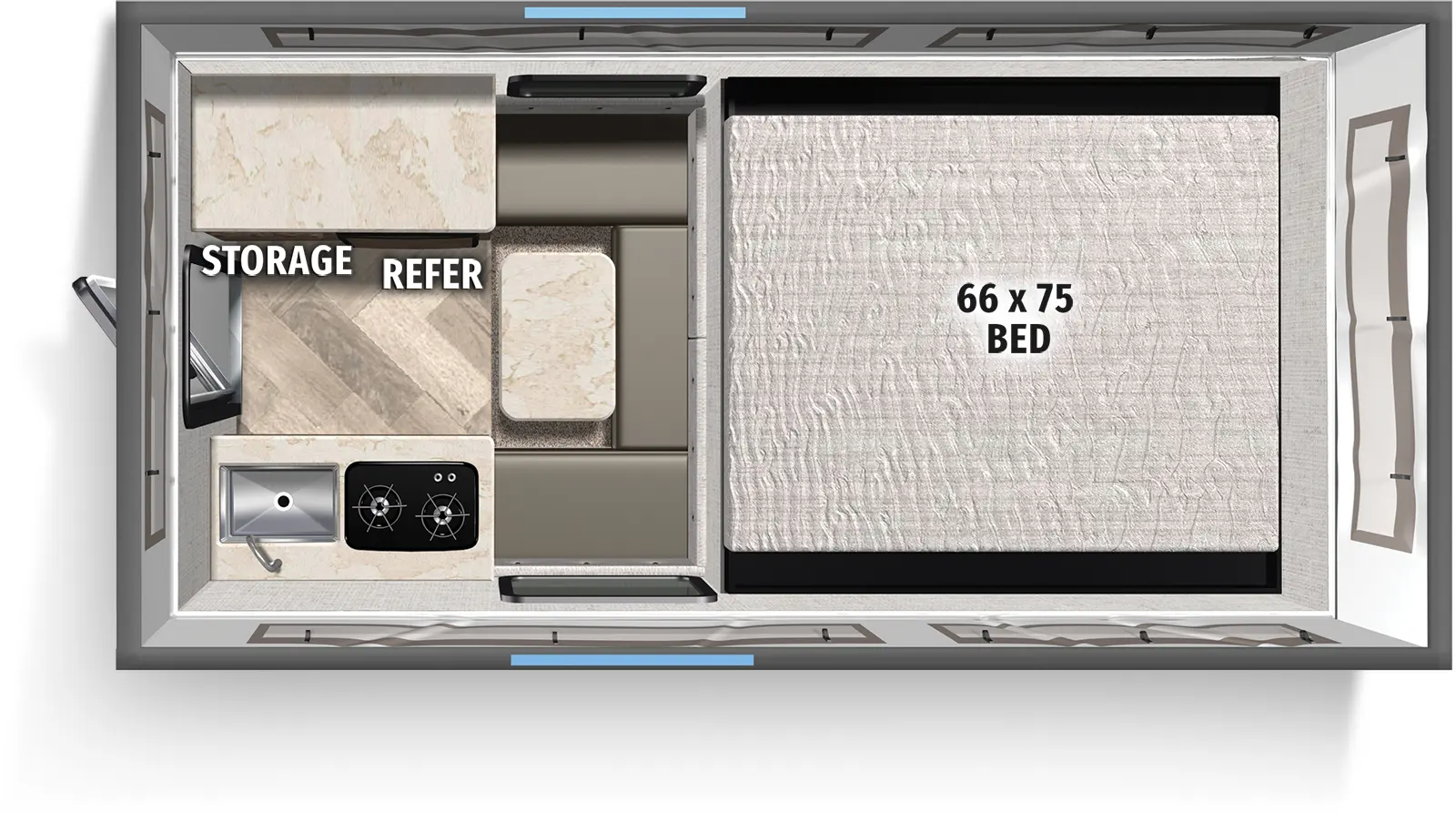 The Backpack Truck Camper SS-500 floorplan features include: 
